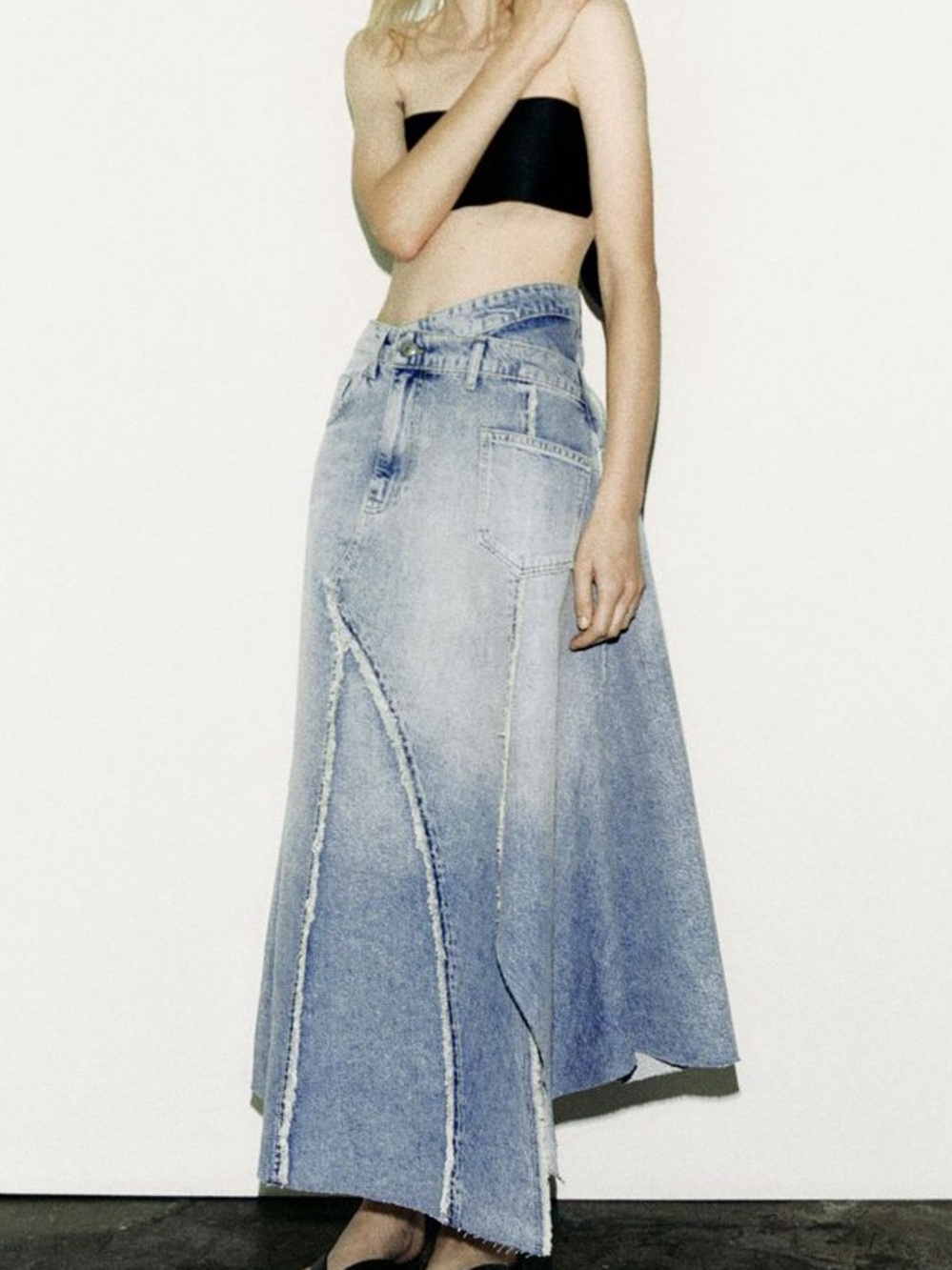 Zara High-Waist A-Line asymmetrical Patchwork Denim Maxi Skirt - Light Blue